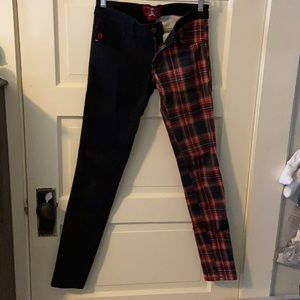 red plaid split leg skinny jeans